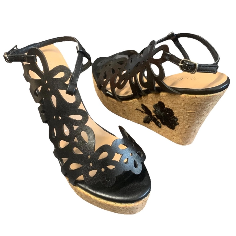 NEW Miss Globo Black Floral Cutout Cork Wedges Size EU 38 US 7.5